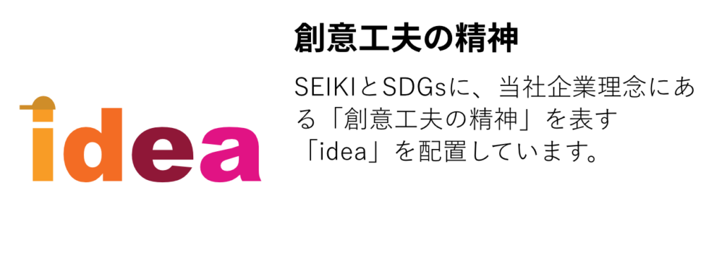 SEIKIとSDGsに、当社企業理念にある「創意工夫の精神」を表す「idea」を配置しています。